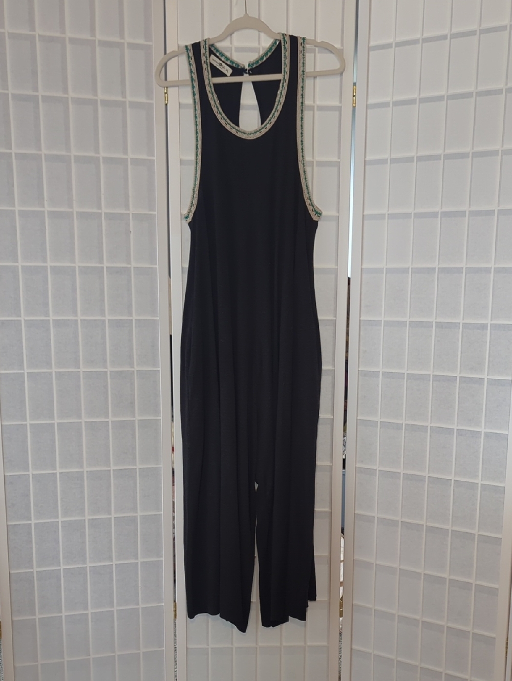 NATURAL LIFE Willow Gray Jumpsuit with Teal and Cream Crochet Trim